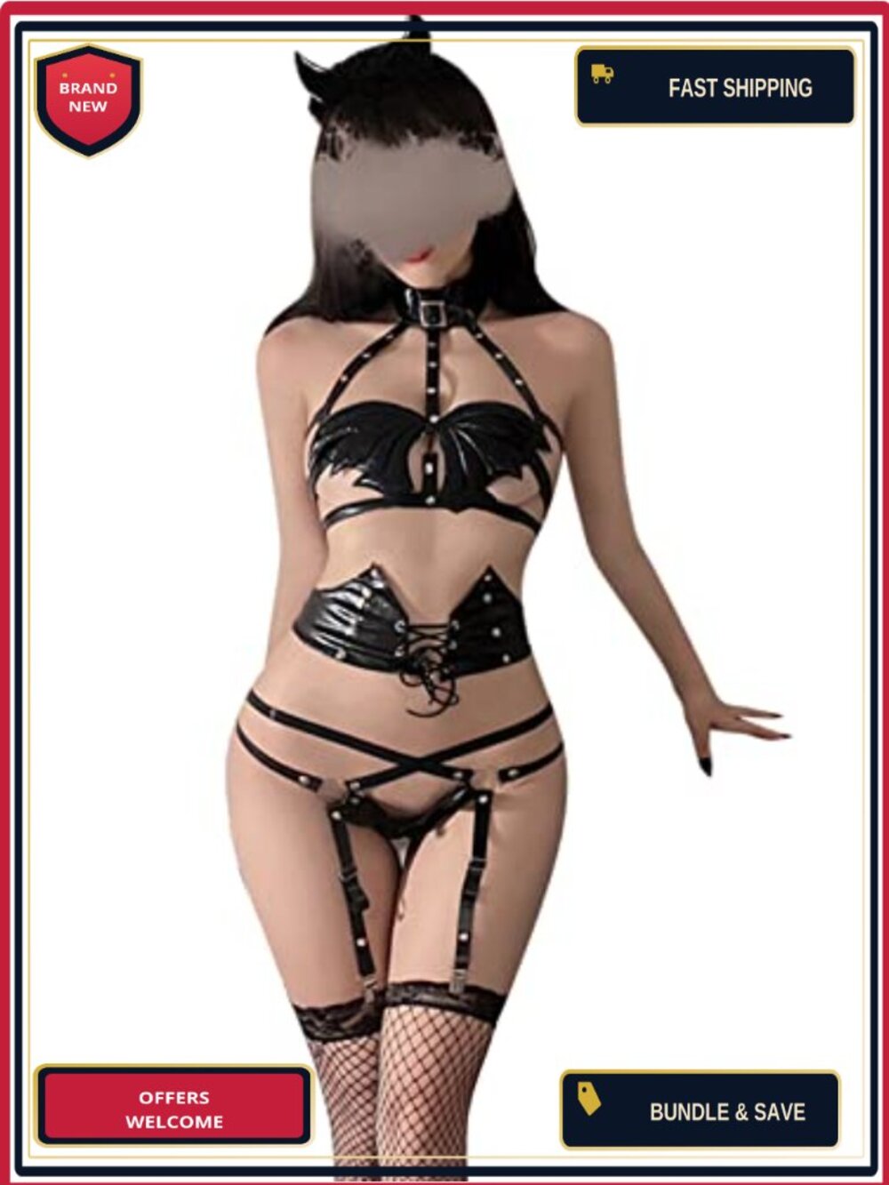 Anime Devil Cosplay Lingerie Set Halter Bra Thong Garter Wings Costume